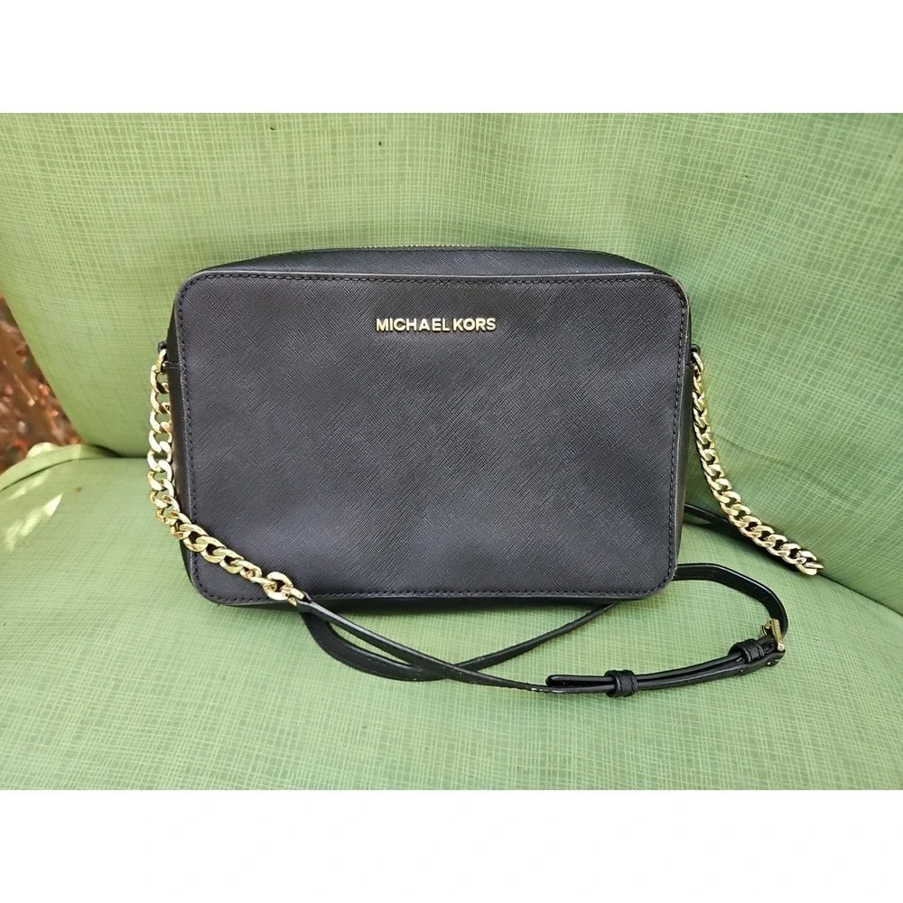 Michael Kors Jet Set‎ Large Saffiano Leather Crossbody Bag Purse Gold Chain 9